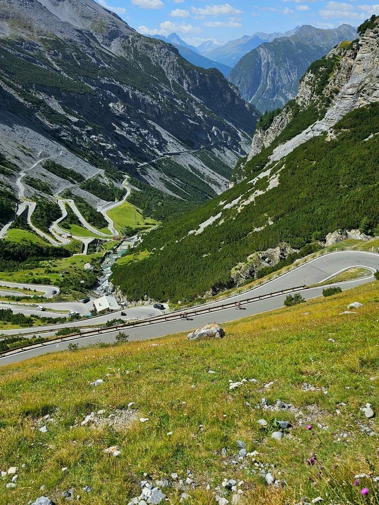 The Bormio side of the Stelvio climbing through terraced switchbacks