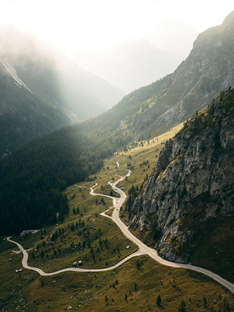 The Trafoi side of the Stelvio with switchbacks climbing through alpine forest