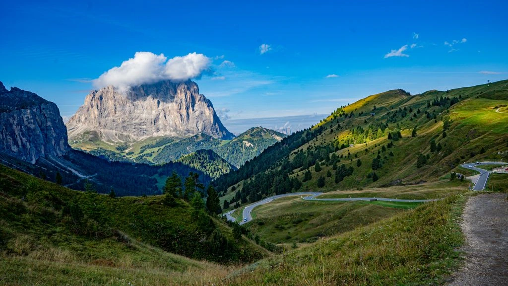 The 48 hairpin turns of the Prato allo Stelvio approach rising toward the 2,758-metre summit of the pass.